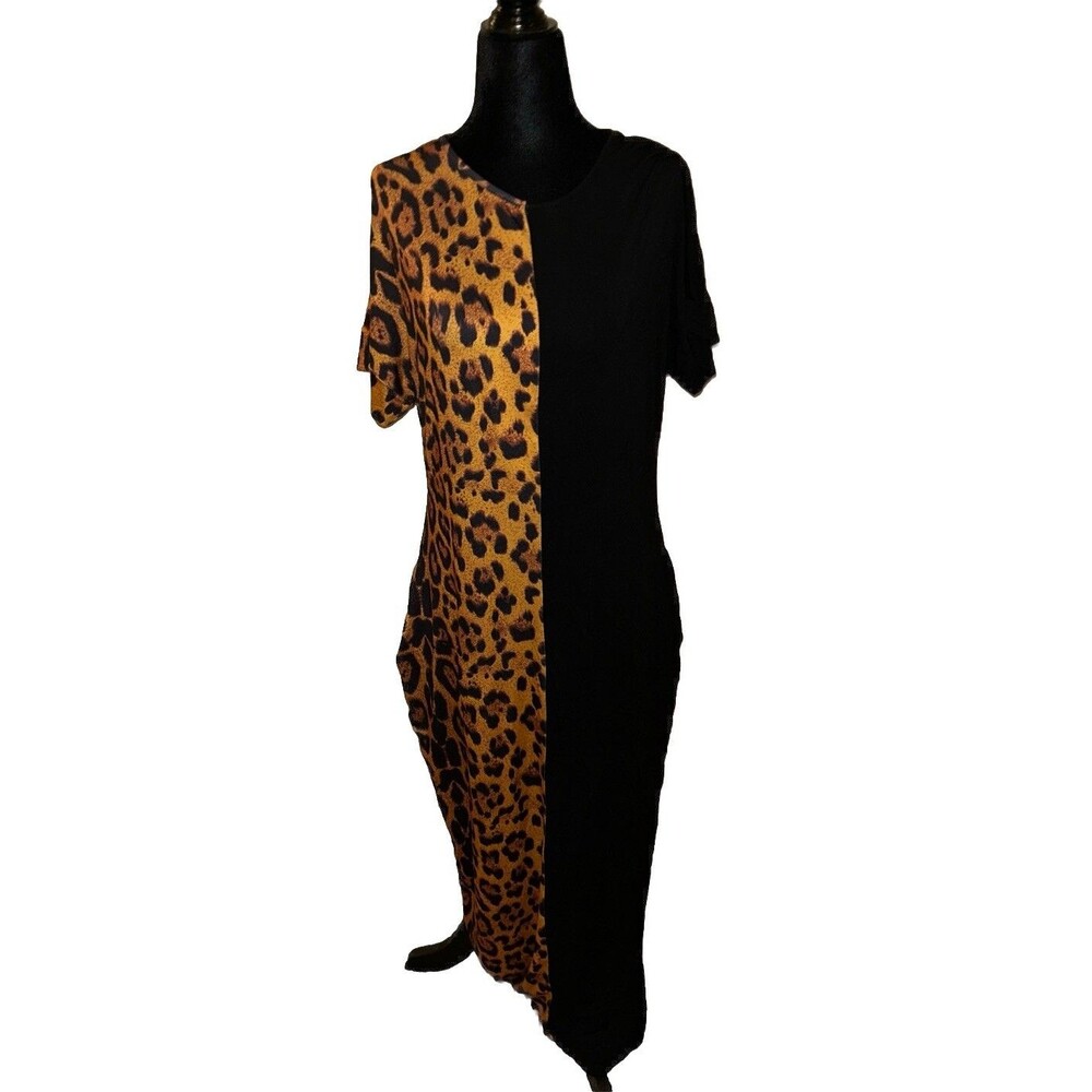 XL Short Sleeve Black & Animal Print Colorblock Pattern Long Maxi Dress Pockets